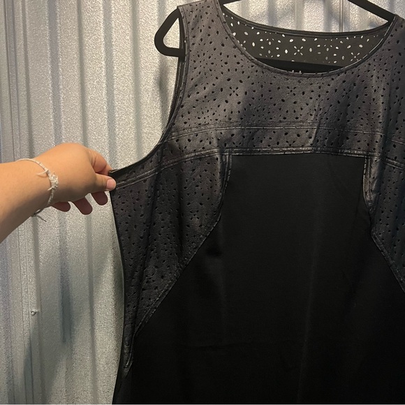 Bianca Nygard midi black dress faux leather trim along neckline & shoulders 16W - Picture 5 of 8